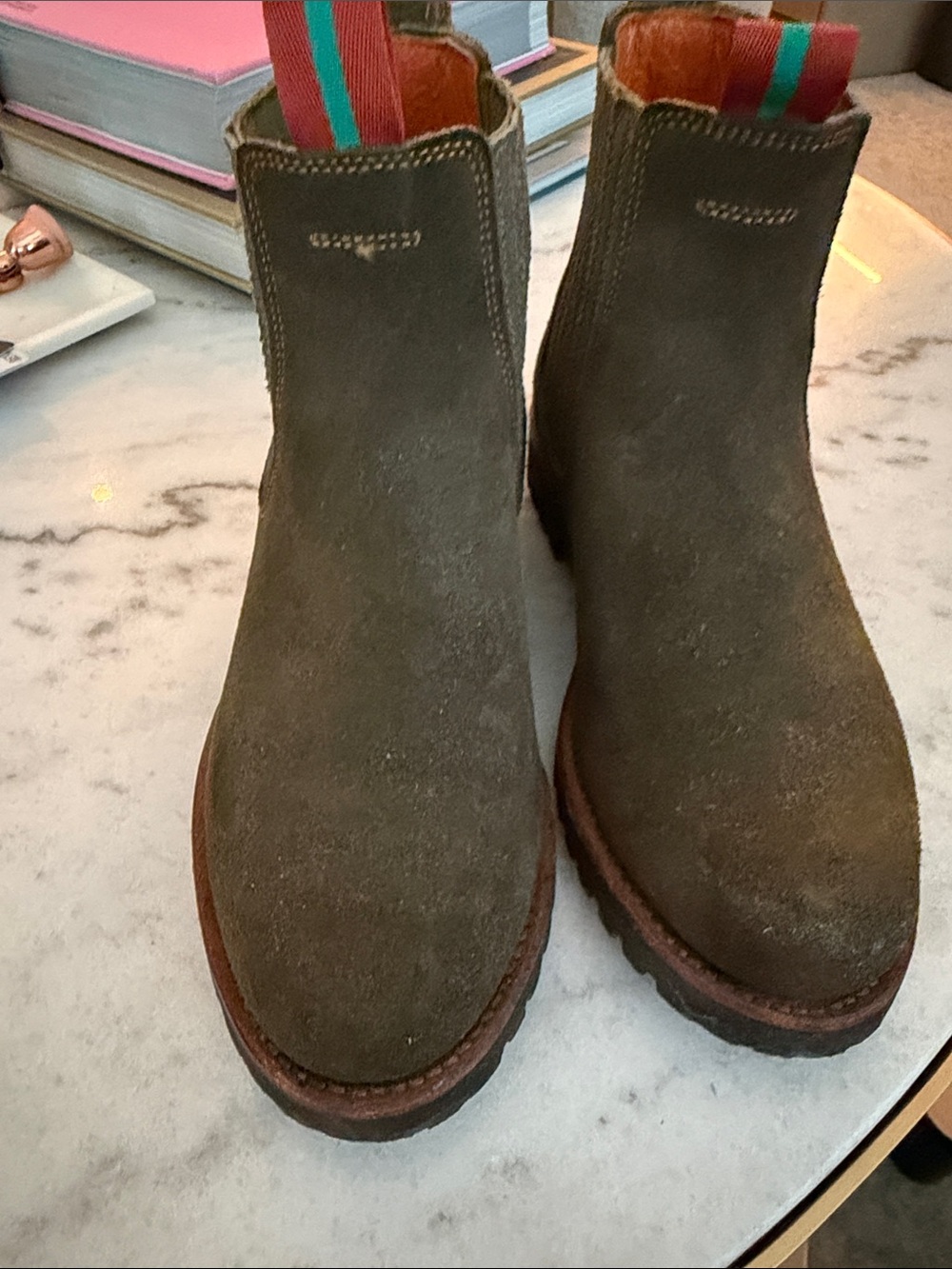 Women's Olive Suede Chelsea Boots with Striped Pull Tabs
